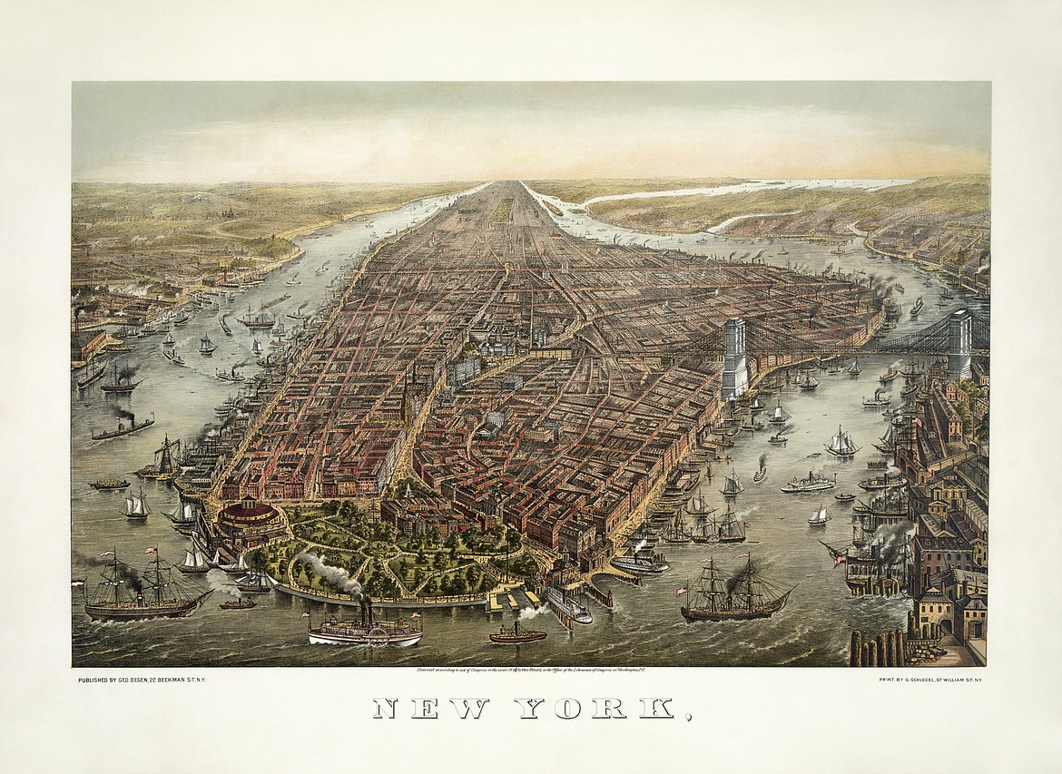 Lithograph bird's-eye view of New York with Battery Park in the foreground and Brooklyn Bridge on right (1873, date lithograph filed).