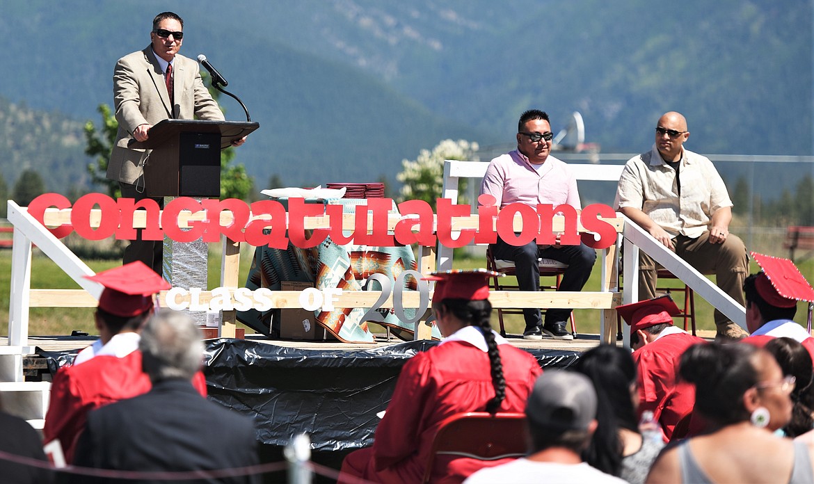 Arlee Superintendent Mike Perry welcomes students and the audience to the 2021 Arlee High School graduation ceremony. (Scot Heisel/Lake County Leader)