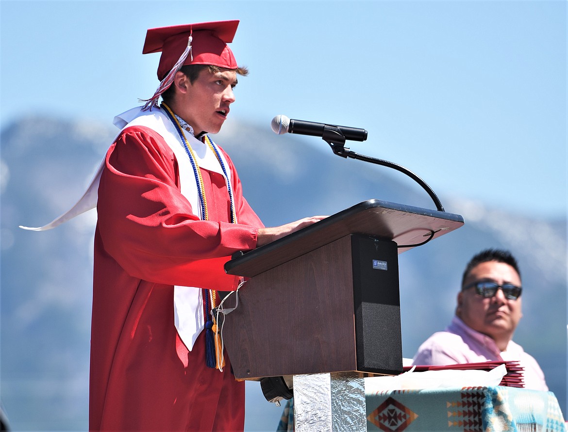 Salutatorian Colt Crawford addresses his classmates. (Scot Heisel/Lake County Leader)