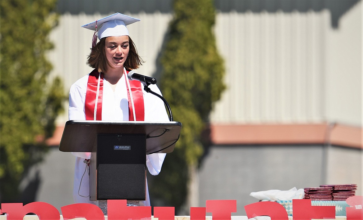 Arlee valedictorian Isabelle Pape addresses the class of 2021 on Sunday. (Scot Heisel/Lake County Leader)