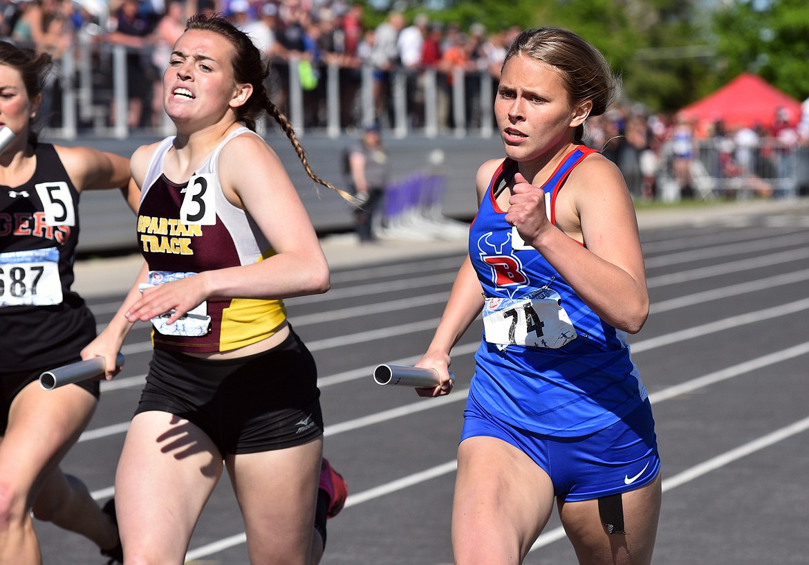 Afton Lambrecht anchors the 4X400 relay team for the Valkyries at the state track meet in Laurel Saturday. Bigfork won the race with a season-best time of 4:10.11.
Whitney England/For the Eagle
