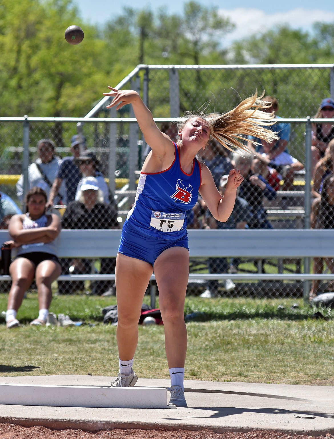 Scout Nadeau threw a personal best 37 feet, 1.25 inches to finish fourth in the shot put at the state track meet in Laurel Saturday.
Whitney England/For the Eagle