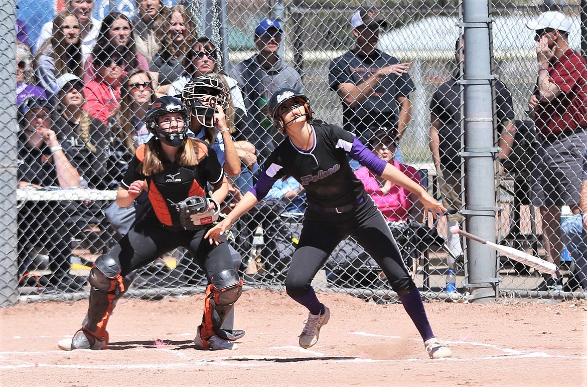 Polson senior Josie Caye hits a lead-off home run in the Class A state title game against Frenchtown. (Courtesy of Bob Gunderson)