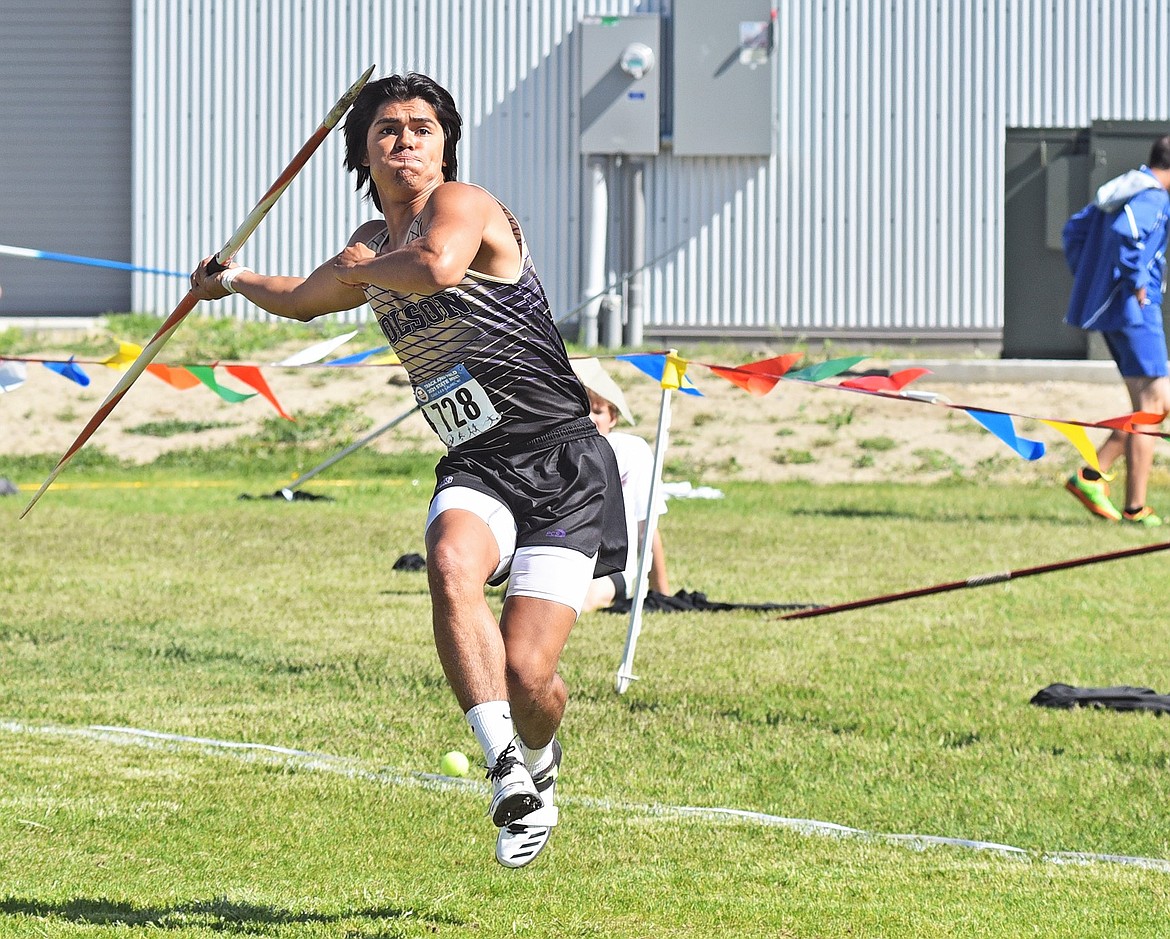 Jonathan Perez of Polson set a personal-best mark and finished fourth in the javelin at the Class A state meet in Laurel. (Whitney England/Whitefish Pilot)
