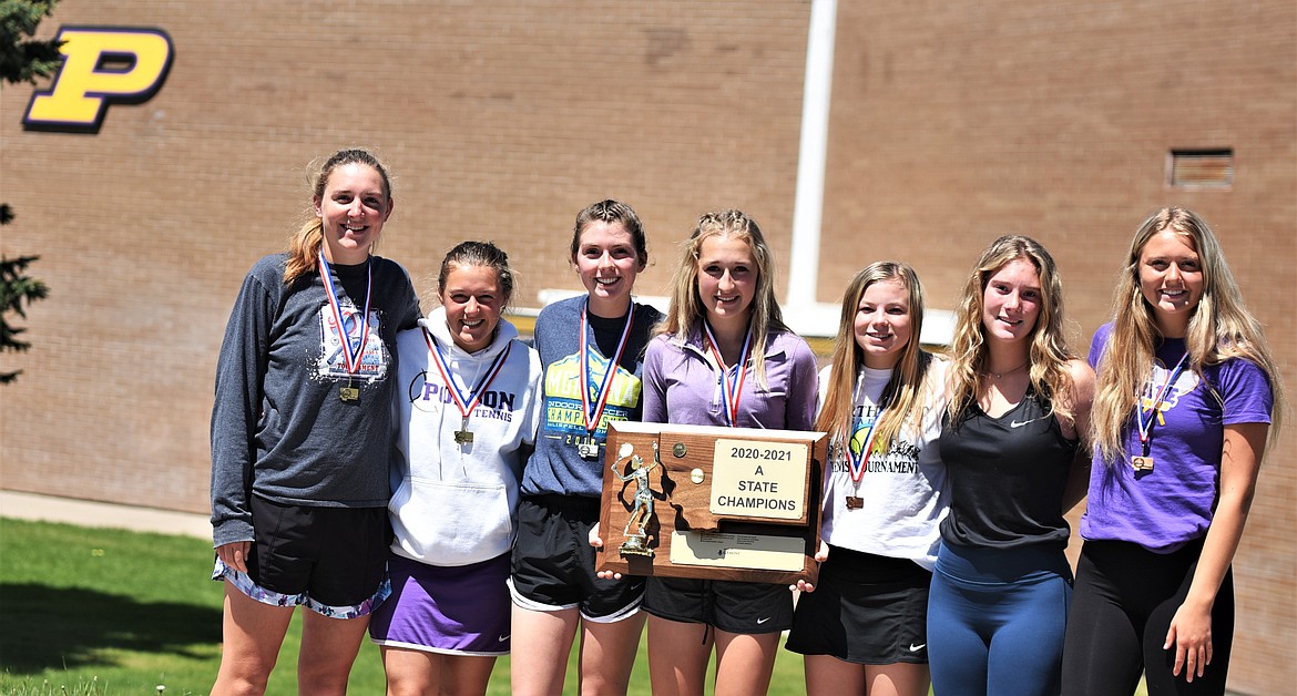 The Polson girls captured the team title at the state tennis tournament in Billings. Pictured, from left, are Qia Harlan, Berkley Ellis, Megan Rost, Ara Mercer, Taylor Collinge, Sierra Lundeen and Clara Todd. Harlan and Ellis are also Class A girls doubles state champions. (Scot Heisel/Lake County Leader)