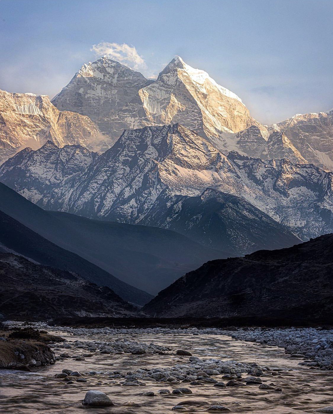 Sun sets on the Thame Khumbu Valley in Nepal on the path to Mt. Everest. (Photo courtesy of Steve Stevens)