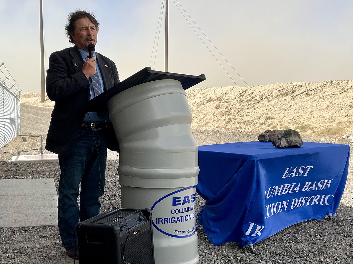 Sen. Mark Schoesler, R-Ritzville, speaks May 27 at the formal opening of the EL 45.7 pump house. The system will provide Columbia River irrigation water from the East Low Canal to around 8,500 acres of farmland northeast of Warden in Adams County.