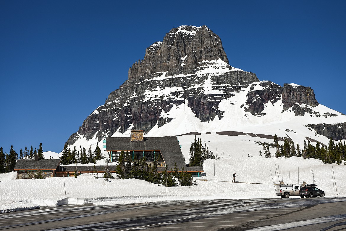 The Logan Pass parking lot and visitors center are pictured during a media tour of the snow removal process at Logan Pass in Glacier National Park on Wednesday, June 2, 2021. (Casey Kreider/Daily Inter Lake)