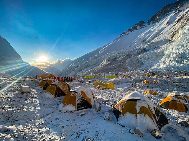 The sun rises over Camp II on Everest at 21,300 feet. (Photo courtesy of Steve Stevens)