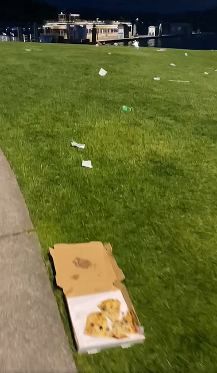 Litterbugs dined and dashed Wednesday night at Independence Point, leaving a half-eaten pizza along with empty hard alcohol cans, wrappers, food containers and assorted trash city crews had to clean up Thursday morning. (Courtesy photo)