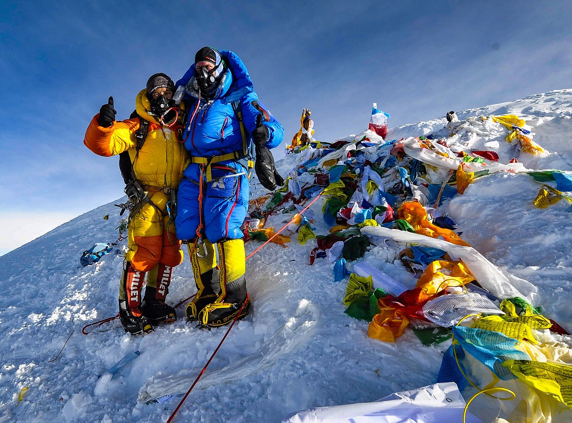 Pemba Tashi Sherpa  (left) and Steve Stevens stop for a quick photo near the summit of Mt. Everest May 12. Tashi died in an accident on the mountain less than a week later. (Photo courtesy of Steve Stevens)