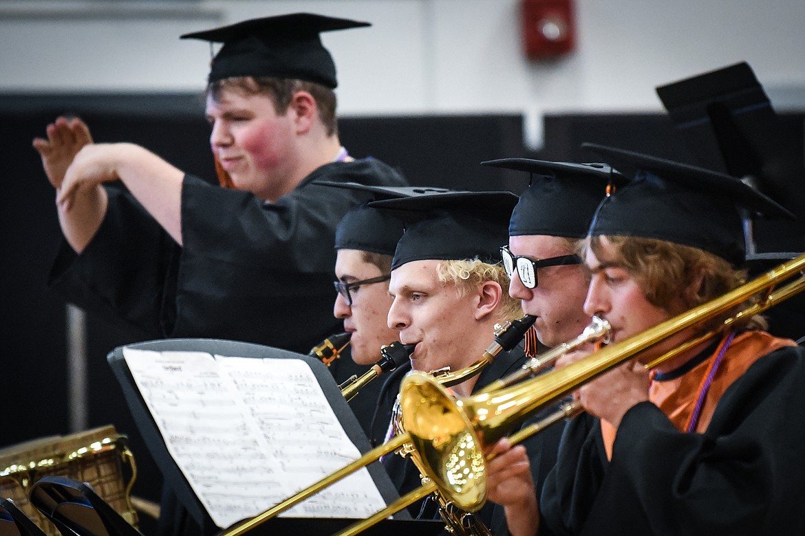 Members of the Flathead High School Senior Brass Band perform "Birdland," composed by Josef F. Zawinul, during the Class of 2021 commencement ceremony on Friday. (Casey Kreider/Daily Inter Lake)