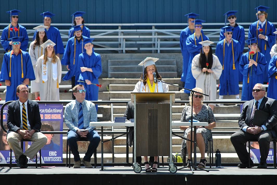 Valedictorian Bailey Milender shares her final thoughts, hopes, and wishes for her fellow classmates during graduation ceremony last Sunday at Superior High School. Milender will be attending Montana State University in the fall. (Amy Quinlivan/Mineral Independent)