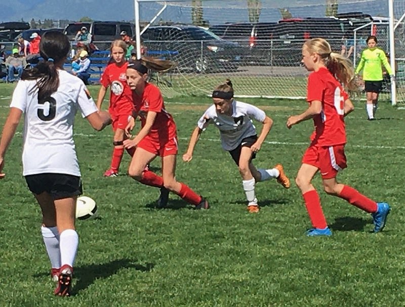 Courtesy photo
The Thorns 09 Girls Yellow soccer team traveled to Kalispell, Mont., for the 3 Blind Refs soccer tournament last weekend. The Thorns won their first three games of the tournament. The first was 6-1 against the Helena Arsenal Soccer Club, with 3 goals from Chloe Burkholder (pictured in red, dribbling), and one goal each from Lucia Barton, Ashely Yates and Adeline Blessing. The Thorns won 4-2 against The Missoula Strikers, with 3 goals from Chloe Burkholder and a goal from Audrey Linder. The Thorns won 1-0 against Helena Arsenal Soccer club, with the lone goal from Chloe Burkholder. The Thorns lost the semifinal game to the Missoula FC Blue 4-1, with the Thorns goal coming from Nell Dodge-Hutchins.