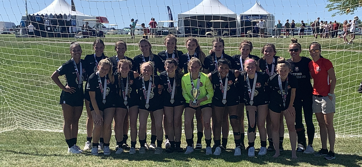 Courtesy photo
The Thorns North 03/04 girls soccer team competed in the Idaho State Cup in Boise on May 28-31, earning second place in their division. In the first game against Idaho Inferno Soccer Club 03/04 Copa, the Thorns won 3-0. Goals were scored by Isabella Lucky, Olivia Wyatt and Molly Foster. Hailey Jo Parks had the shutout in goal. Saturday’s game against BYSL IFFC 03/04 Premier ended in a 1-1 tie, with the Thorns goal scored by Taytum Curtis. In the semifinals, the Thorns won 8-0 over PVSC United 03 Rose. Goals were scored by Olivia Wyatt, Shelbie Shriner, Taytum Curtis, Claire Romero, Riley Scherr, Molly Foster and 2 by Reagan Cherry. Hailey Jo Parks had the shutout in goal. In the championship game, the Thorns fell 4-3 to the CGA Academy Elite. Olivia Wyatt, Isabella Lucky and Ellie Morrisroe each had a goal for the Thorns. Despite the loss, the Thorns were invited to play in the USYS Far West Regional Championships in Boise from June 21-27. In the front row from left are Riley Scherr, Claire Romero, Reese Ramsrud, Ellie Morrisroe, Hailey Jo Parks, Sophia Allan, Taytum Curtis and Olivia Wyatt; and back row from left, Kali McKellips, Shelbie Shriner, Nicole Adams, Molly Foster, Myah Rietze, Lucy Evans, Reagan Cherry, Piper Frank, Isabella Lucky, Madison Quigley and coach Becky Thompson.