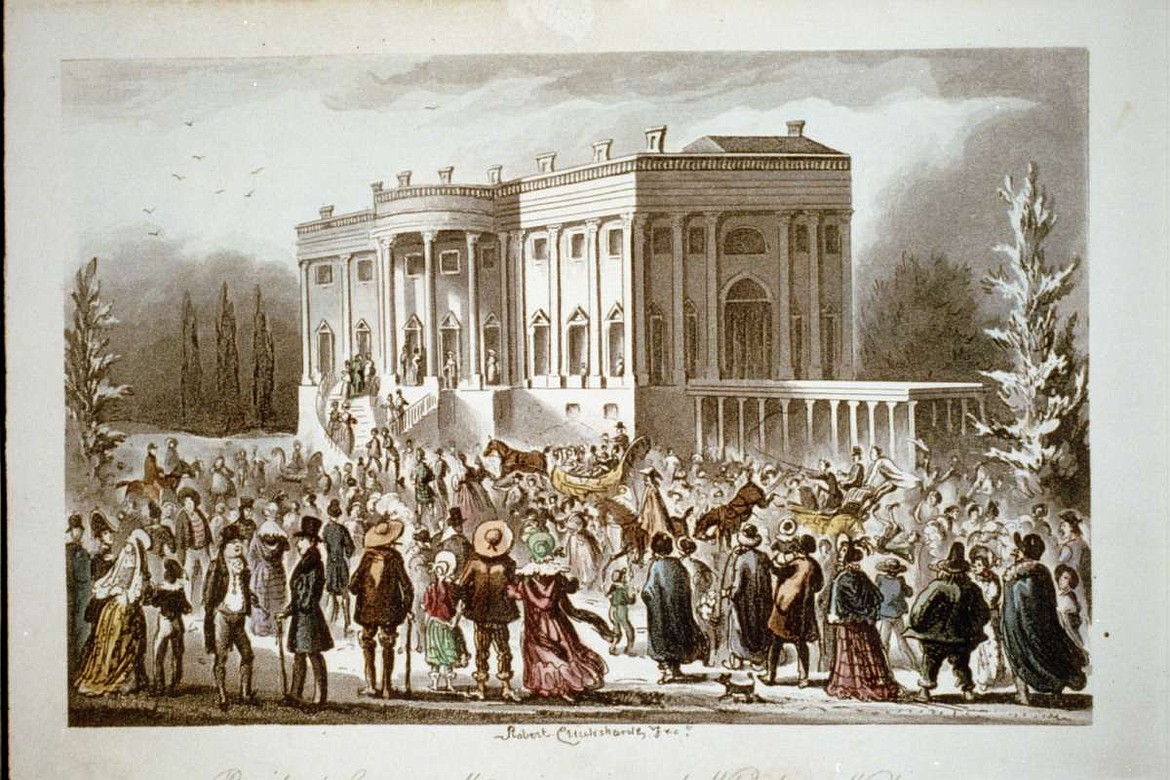 “President's Levee, or All Creation Going to the White House” painting by Robert Cruikshank (1789-1856) depicting the White House crowd during Andrew Jackson's first inaugural reception in 1829, when guests trashed fine carpets with muddy boots and destroyed furnishings, while Jackson struggled not to get crushed by adoring supporters.