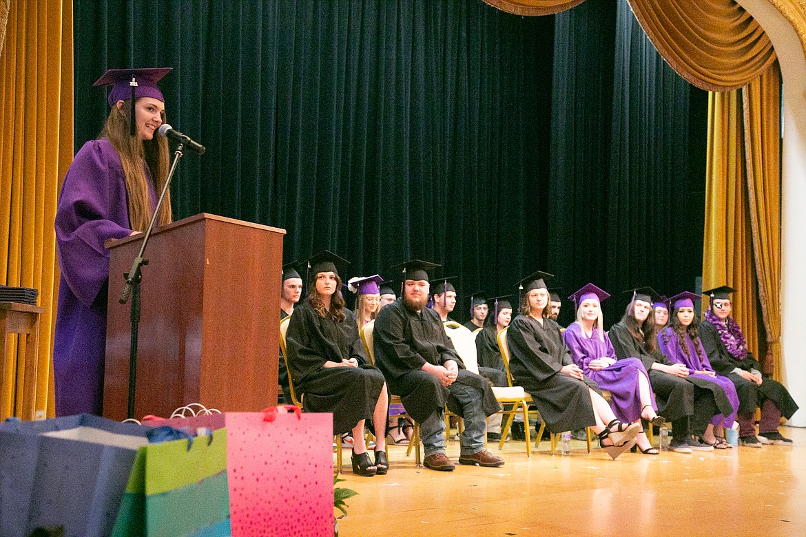 Saedy Christy, a graduate of Lake Pend Oreille High School, gives a speech to her fellow graduates at June 10 ceremony at Sandpoint Events Center. The commencement saw attendance of approximately 300 people, some remarking that it is the largest event they have attended in over a year.