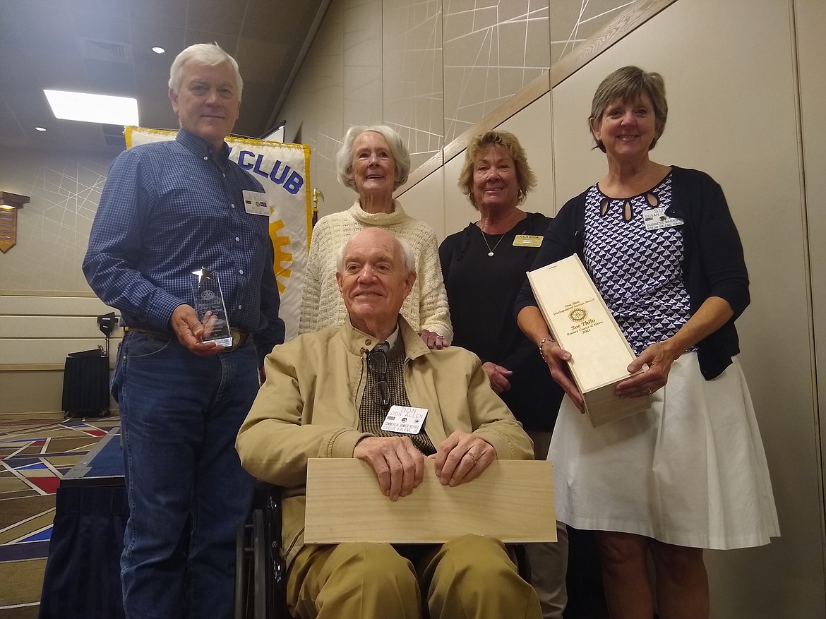 Sue Thilo was honored with the first-ever Don Allen Service Award at Friday’s Coeur d’Alene Rotary meeting. Left to right: Luke Russell, Don Allen, Sally Allen, Claudia Brennen and Sue Thilo. KAYE THORNBRUGH/Press