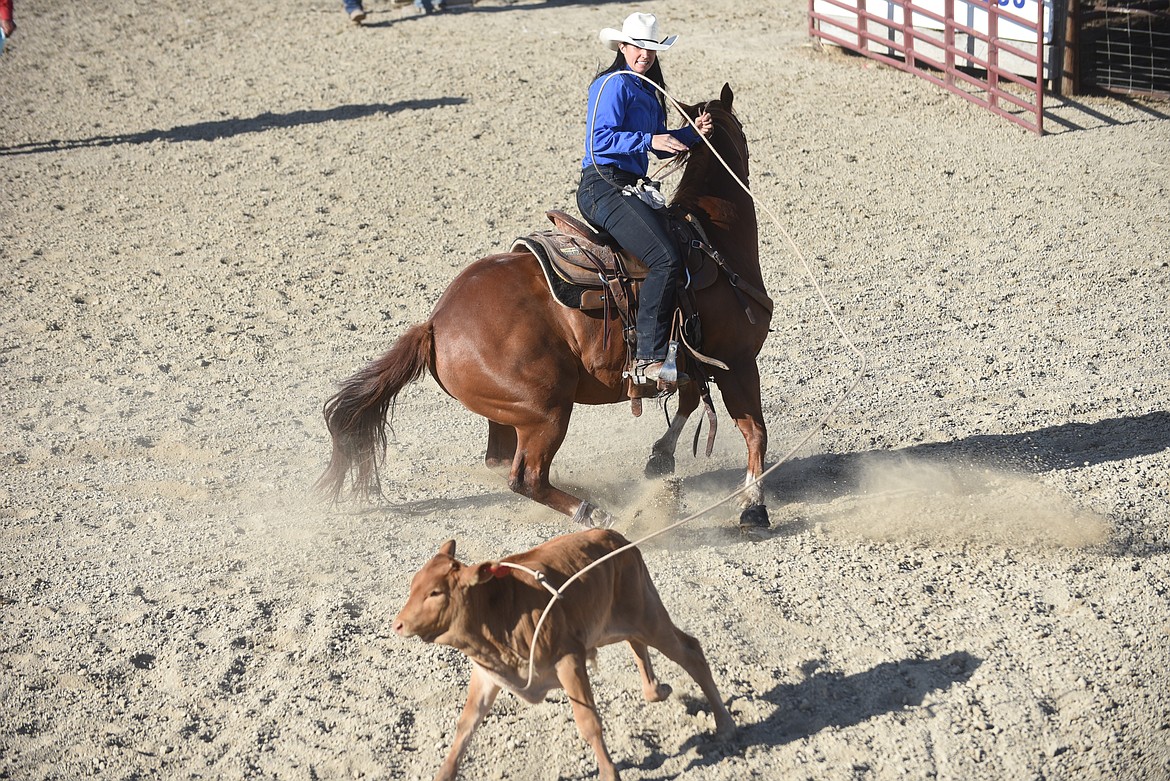 Jessica Lyton successfully lassoed a calf during the ladies breakaway event last Saturday at the Hot Springs Rodeo. (Scott Shindledecker/Valley Press)