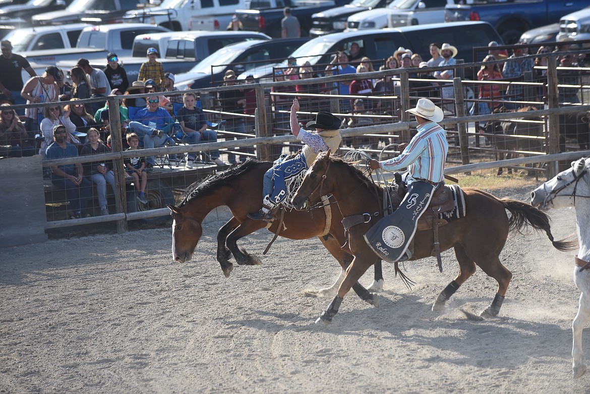 Jordan Larson had a great ride in the open bareback event last Saturday at the Hot Springs Rodeo. (Scott Shindledecker/Valley Press)