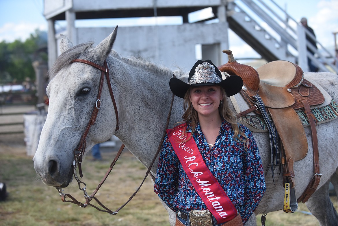 Real Cowboy Association Montana Pro Rodeo Teen Queen Megan Eckert and her horse, Jag, were all dressed up and ready for the Hot Springs Rodeo Saturday evening. (Scott Shindledecker/Valley Press)