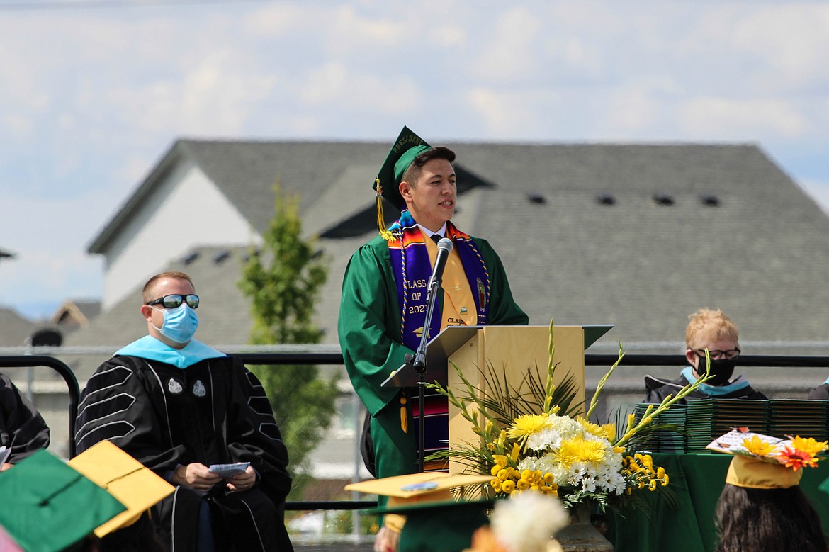 Class President Eduardo Diaz-Ceballos addresses his classmates at the 2021 Quincy High School graduation Saturday, June 12.