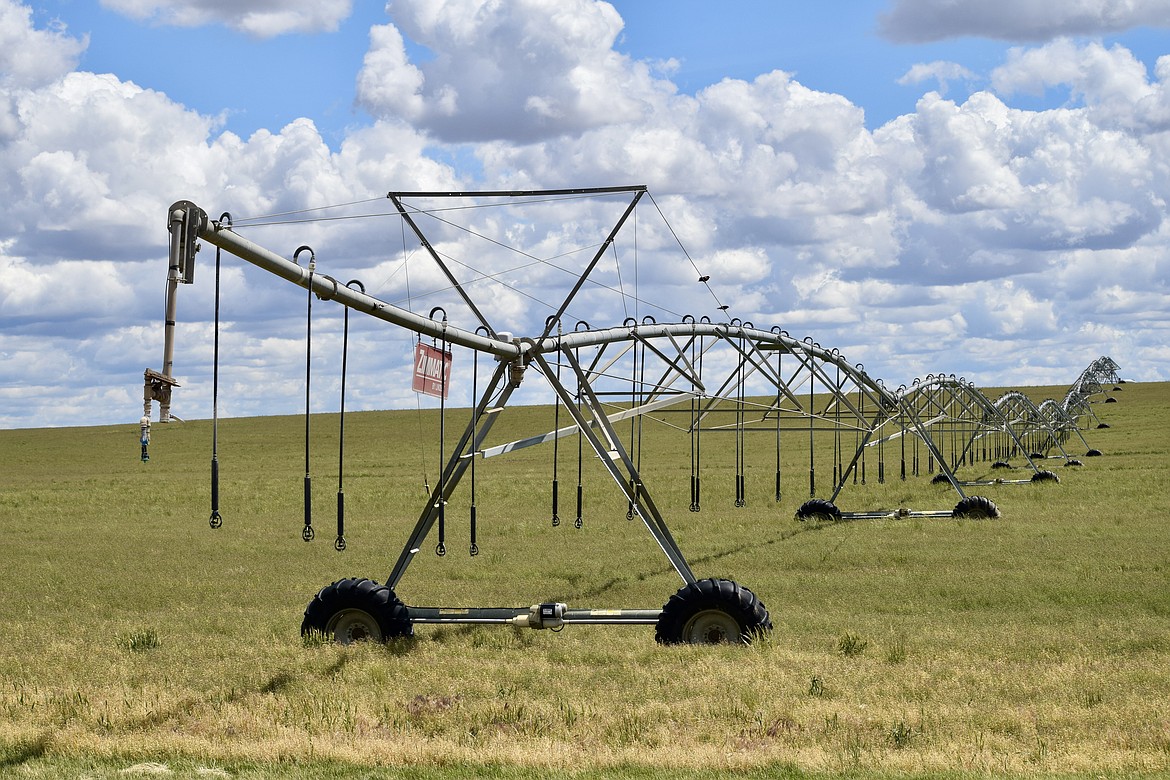 An eight-tower Zimmatic pivot irrigation rig located in a field along Road W south of Wilson Creek.