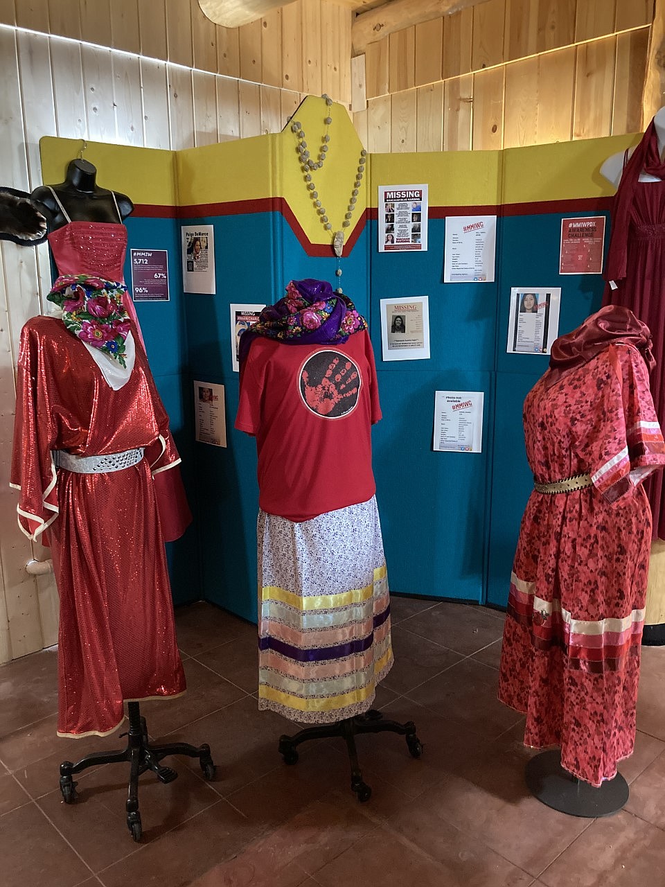 Red dresses on loan to the museum, bringing attention to the Murdered and Missing Indigenous People movement, are part of a new display. (Carolyn Hidy/Lake County Leader)
