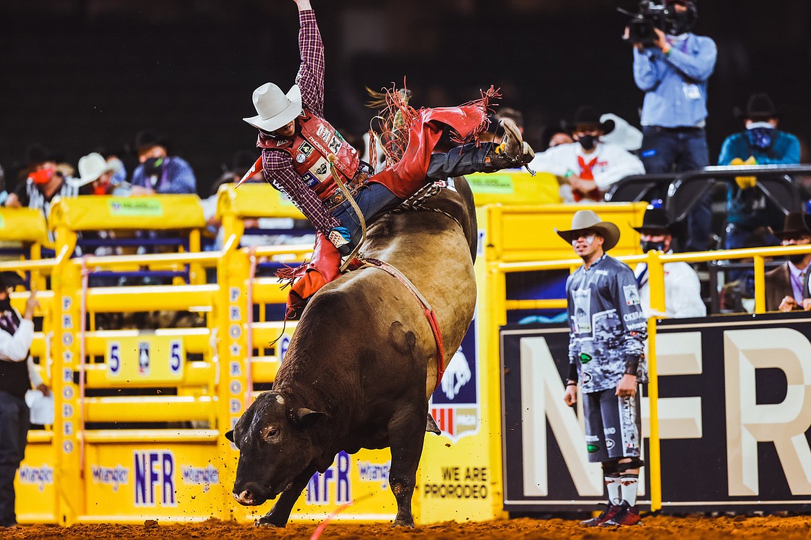 Professional bull rider Roscoe Jarboe competes at the 2020 National Finals Rodeo event in Arlington, Texas.