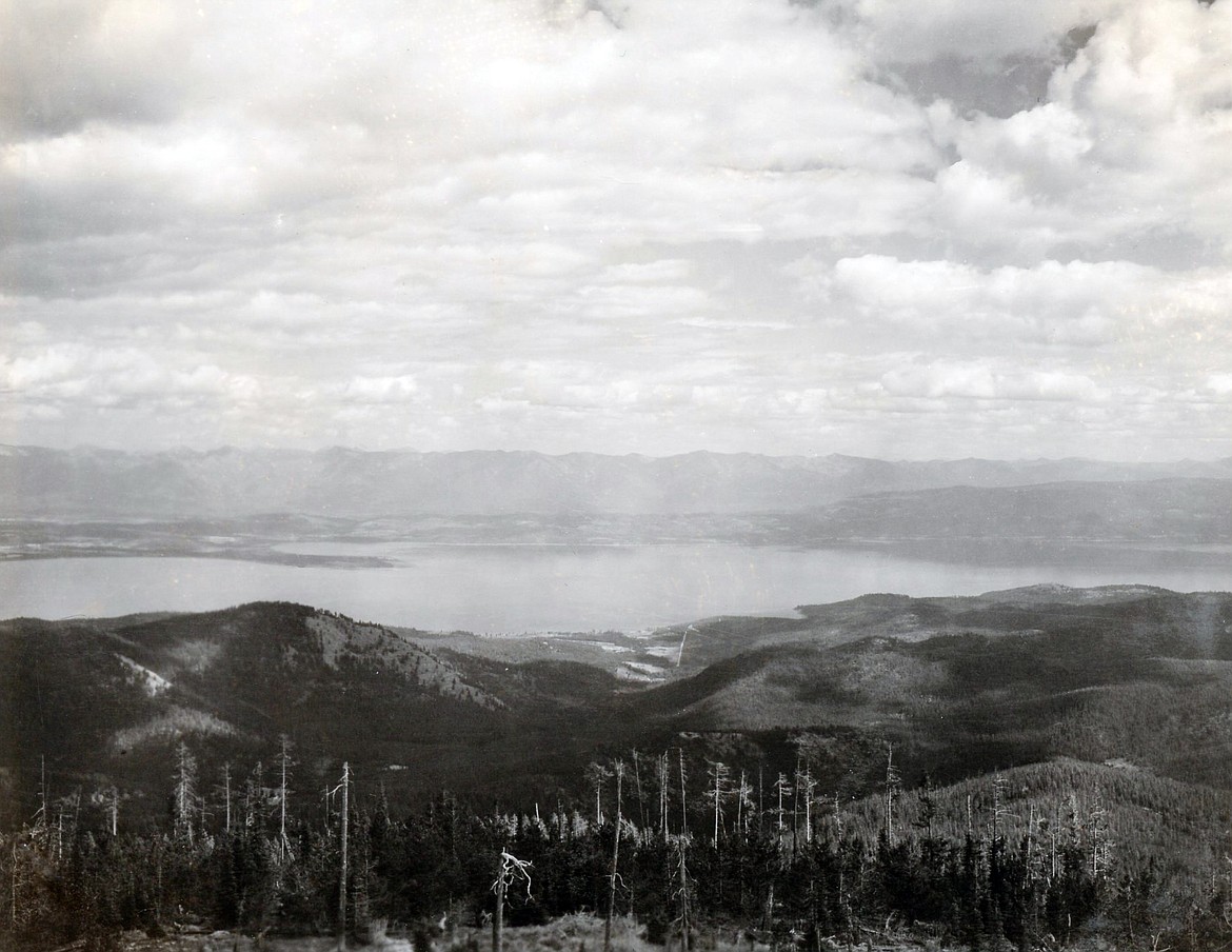 The view of Lakeside and Flathead Lake from the Blacktail Mountain Lookout August 19, 1937. (A.E. Boorman photo)