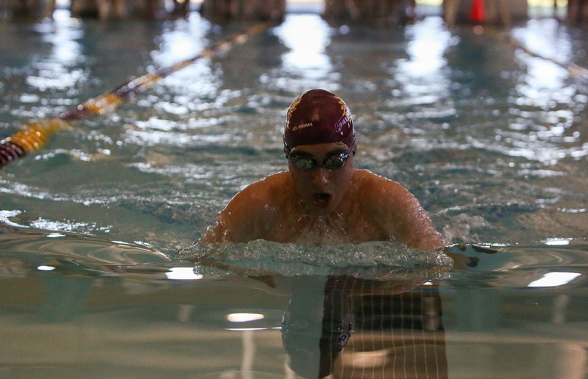 Moses Lake High School's Kade Pack competes in the final heat of the 100 yard breaststroke event at the Boys Championship Finals Meet on Thursday afternoon in Moses Lake.