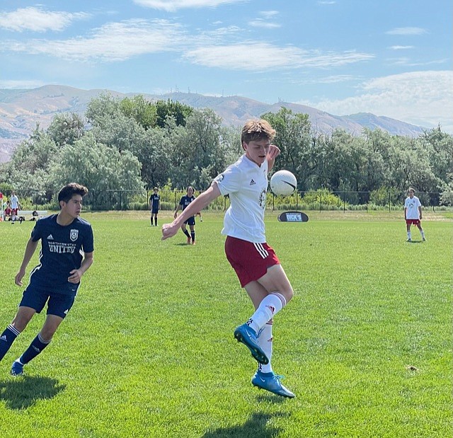 Photo by LAURA TAYLOR
Bryce Allred of the Timbers North FC 05 boys soccer team controls the ball against Utah United in the U16 semifinals at the U.S. Youth Soccer Far West Presidents Cup on Saturday in Salt Lake City.