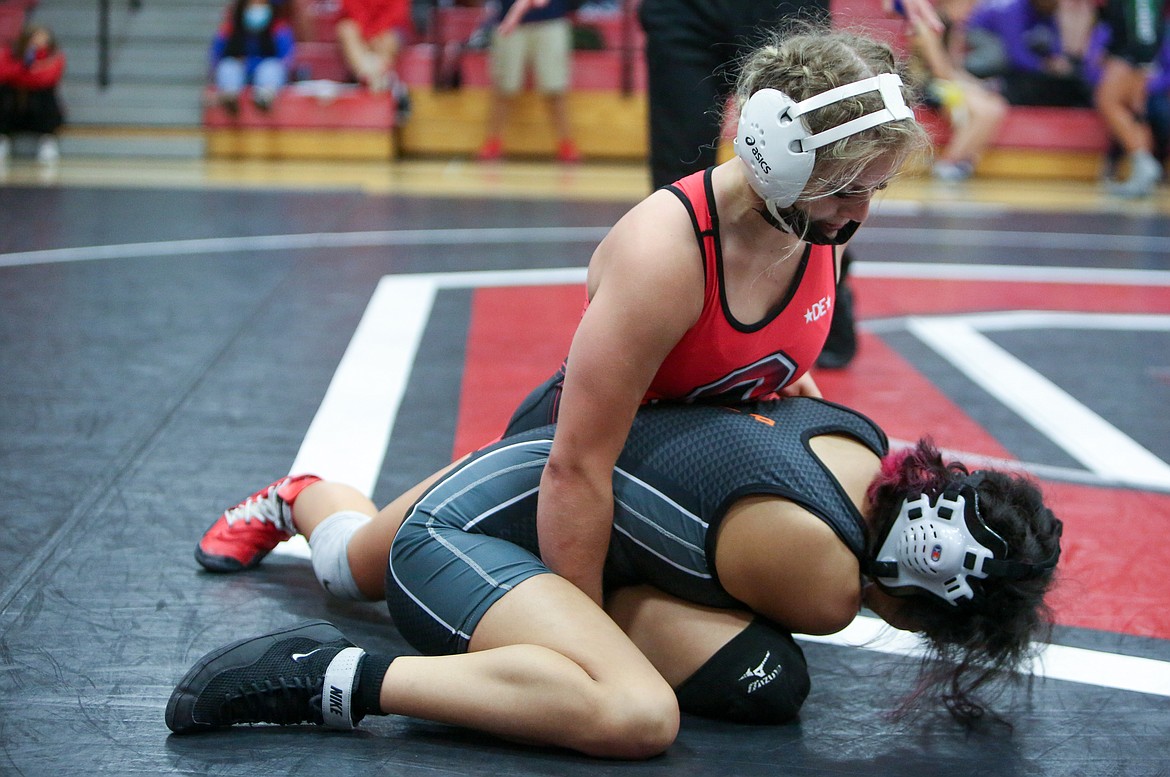 Othello High School's Alexis Monday kept control for most of the match on the way to a win in the first place match at 110 pounds over Haliyah Yanez of Davis last Thursday, June 17.