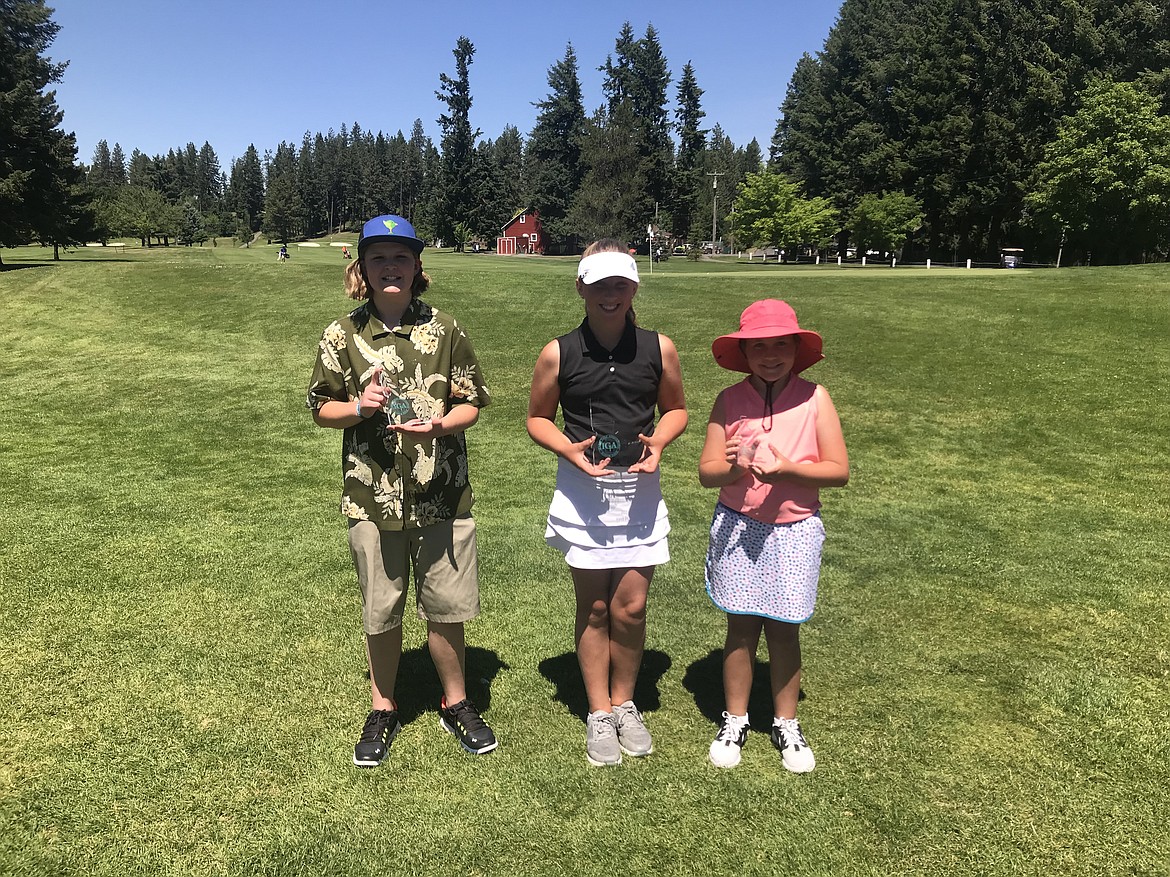 Courtesy photo
Top-three finishers in the girls age 10-11 division were honored at an Idaho Junior Golf Association tournament Monday at Avondale Golf Club in Hayden Lake.  From left are Jossetta Williams, second place; Ella Wilson, first place and Kamdyn Kelley, third place.