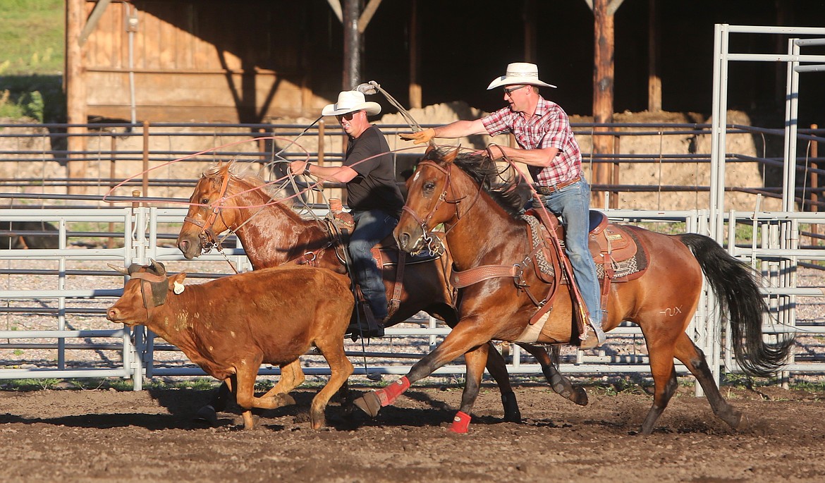 Steve Bodick ropes a steer's head while Laine Averill prepares to rope its feet.
Mackenzie Reiss/Bigfork Eagle