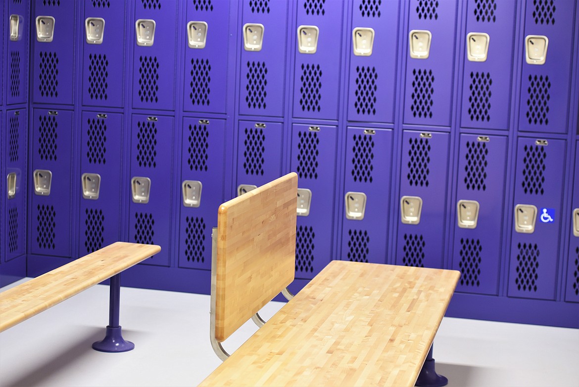 One of four locker rooms in the new gym. The two home locker rooms are slightly bigger than those for guests. (Scot Heisel/Lake County Leader)