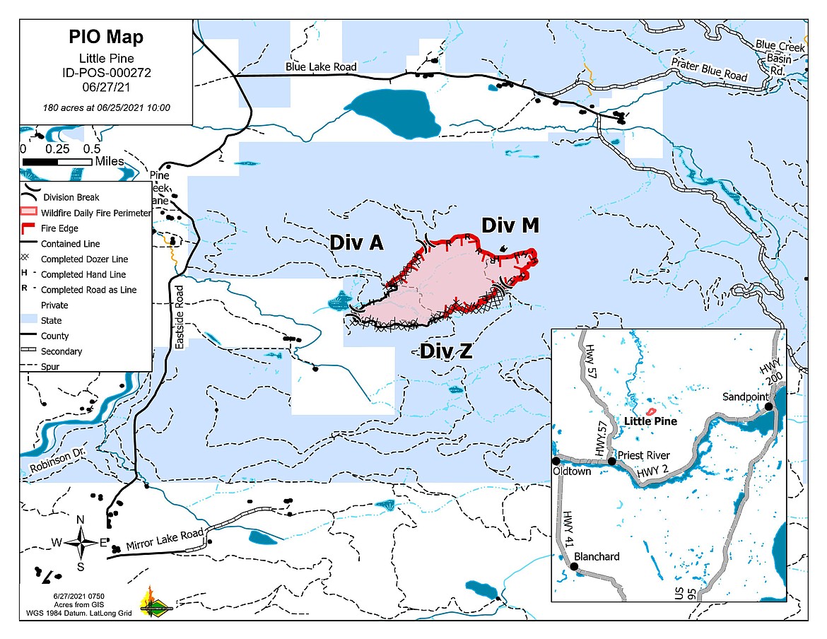 A map showing the perimeter and location of the Little Pine Fire near Priest River.