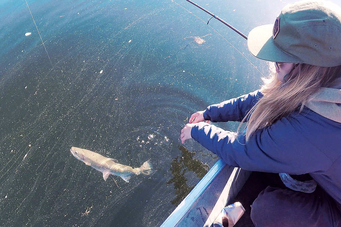 Madison Nackos releases a Westslope cutthroat caught from Priest Lake.