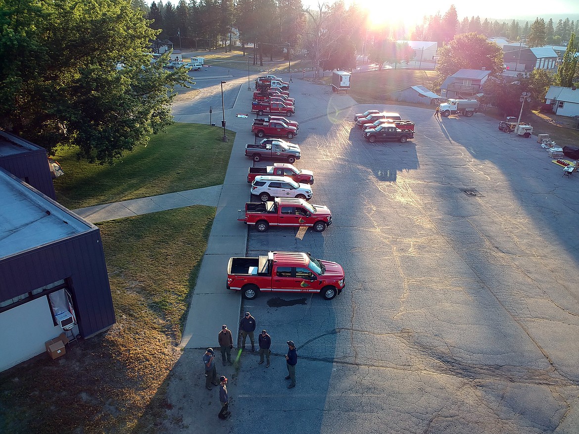 An aerial view of the incident command center for the Little Pine Fire near Priest River.