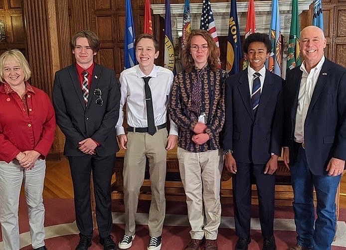 Several Flathead High School students were nominated to attend the American Legion Boys State held June 6-11 in Helena. Pictured from left to right, Montana Lt. Gov. Kristen Juras, student delegates, Marley Miller and Hayden Sharpe, both from Flathead, Slayden Rasmussen, Brinson Wyche and Montana Gov. Greg Gianforte. Similar to the American Legion Auxiliary Girls State program, students are immersed in a government simulation where they ran for office, held elections and drafted and passed bills. Miller was elected to serve as governor of Boys State. Sharpe served as lieutenant governor. (Photo provided)