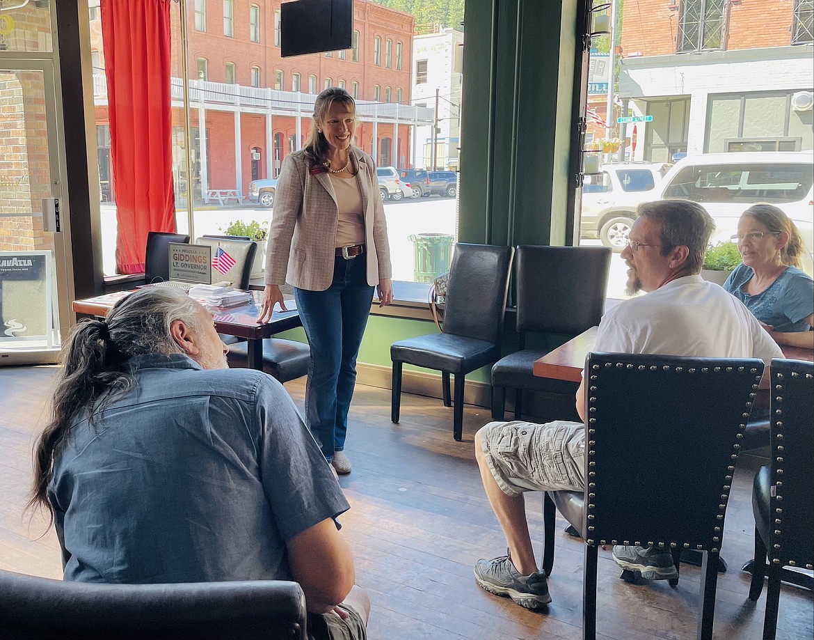Priscilla Giddings chats with some of her constituents during a small town hall style meeting in Wallace on Sunday. Giddings is running for the office of Idaho's lieutenant governor.