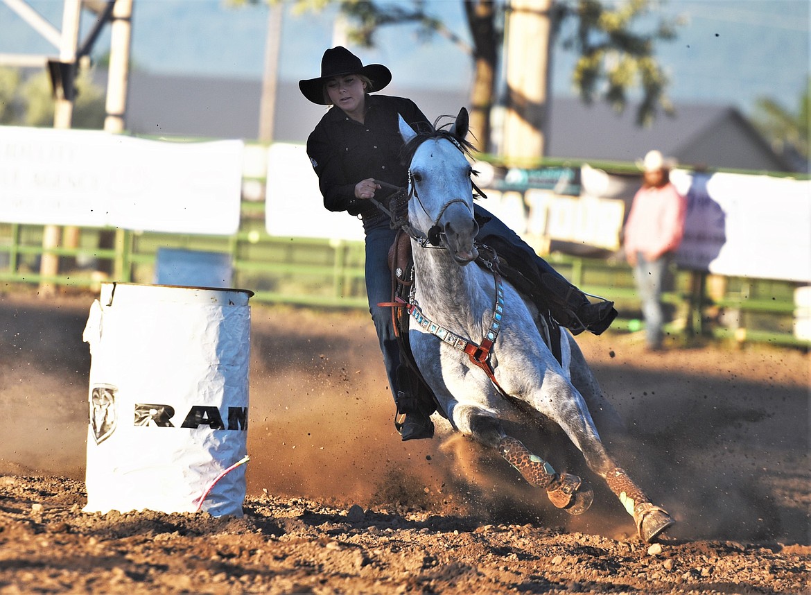 Alexis Rose of Bonner runs the barrel racing course Saturday. (Scot Heisel/Lake County Leader)