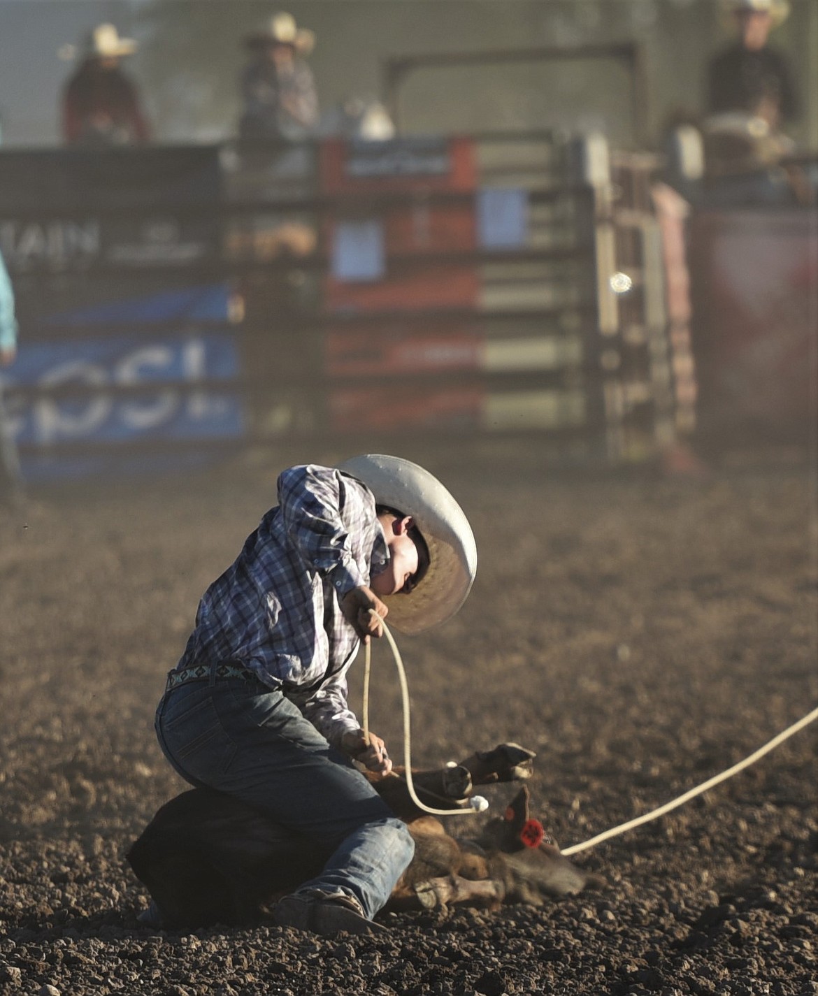 Bozeman cowboy Brice Patterson tied down his calf in 16.2 seconds Saturday night. (Scot Heisel/Lake County Leader)