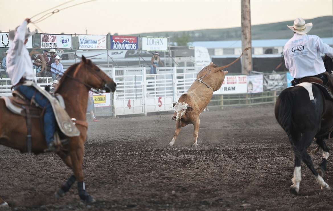 Pickup men Cody Williams and Justin Boggs chase down a stray bull. (Scot Heisel/Lake County Leader)