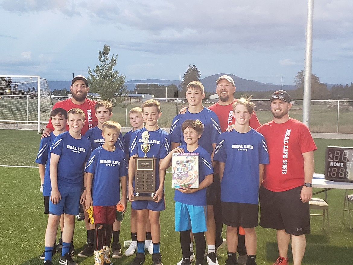 Courtesy photo
The Trojans won the Cereal Bowl championship in the inaugural Real Life Sports spring passing league. In the front row from left are Aaron Clare, Trent Boardman, Kyle Miller, Sawyer Bateman and Josh Hasty; middle row from left, Elijah Arthur, Cody Clary, Landon Leveque and Matt Ludwig; and back row from left, coaches Craig Chambers, Matt Ludwig and Josh Hasty.