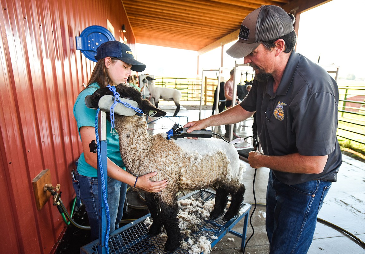 Hollie Estey and instructor Brian Bay shear a lamb at the H.E. Robinson Agricultural Education Center in Kalispell on Tuesday, June 29. (Casey Kreider/Daily Inter Lake)