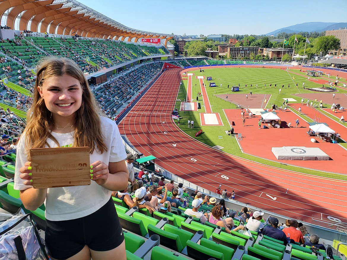 Mari Nelson is seen here at new Hayward Field in Eugene, Ore. on June 26 after winning first place for the 200-meter TrackGirlz Street Race. She won tickets to the Olympic Trials and a commemorative wooden bib from the reclaimed wood at the old Hayward Field.
