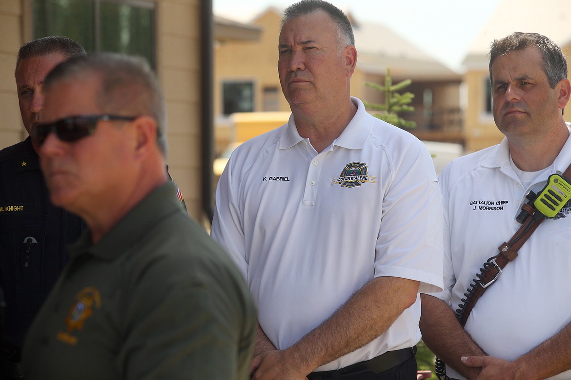 As Kootenai County Sheriff Bob Norris speaks about fireworks on Thursday, he is backed by, from left, Post Falls Police Chief Pat Knight,Coeur d'Alene Fire Chief Kenny Gabriel, and Coeur d'Alene Fire Battalion Chief John Morrison.