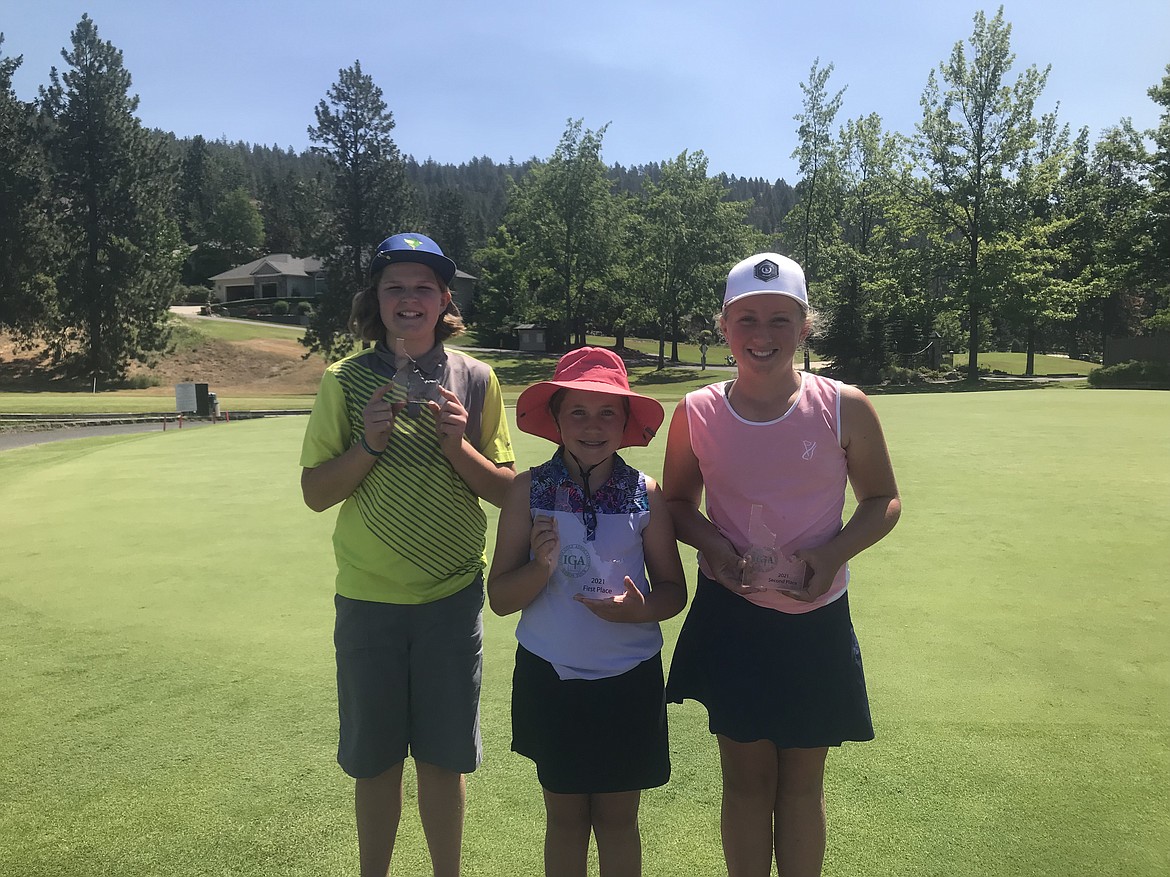 Courtesy photo
The top three finishers in the girls 10-12 age group at an Idaho Golf Association tournament Tuesday at MeadowWood golf course in Liberty Lake were, from left, Jossetta Williams (third place), Kamdyn Kelley (first place) and Ella Wilson (second place).