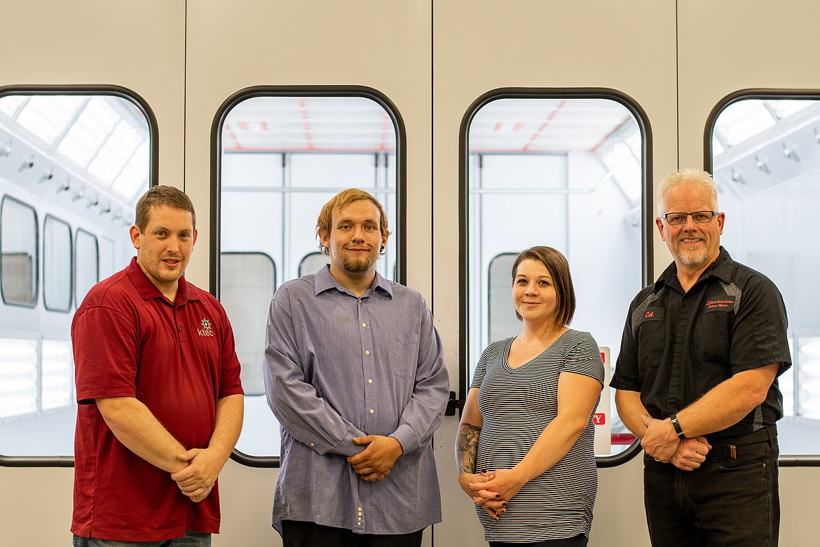 North Idaho College students who won medals in the 2021 SkillsUSA national championships pose for a photo with some of their instructors, at Parker Technical Education Center in Rathdrum. Picture, from left, are Andy Rogge, KTEC collision repair instructor; Logan Farley, NIC autobody student and bronze medalist; Ashleigh Anderson, NIC auto refinishing student and gold medalist; and Cal DeHaas, NIC autobody and paint technology instructor.